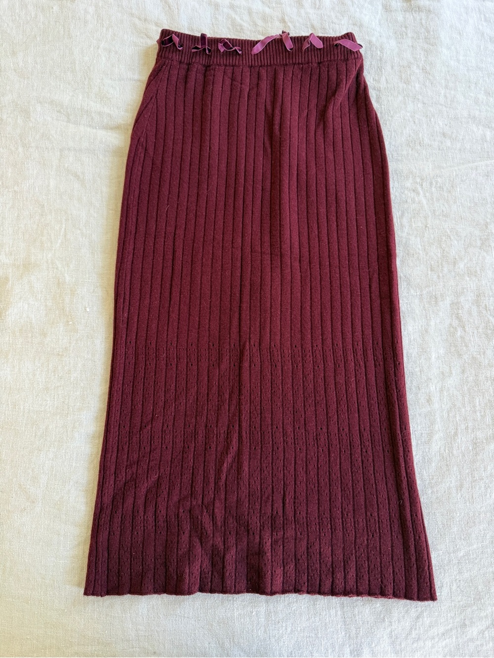 Rouje Burgundy Ribbed Knit Pencil Skirt with Tie Detail